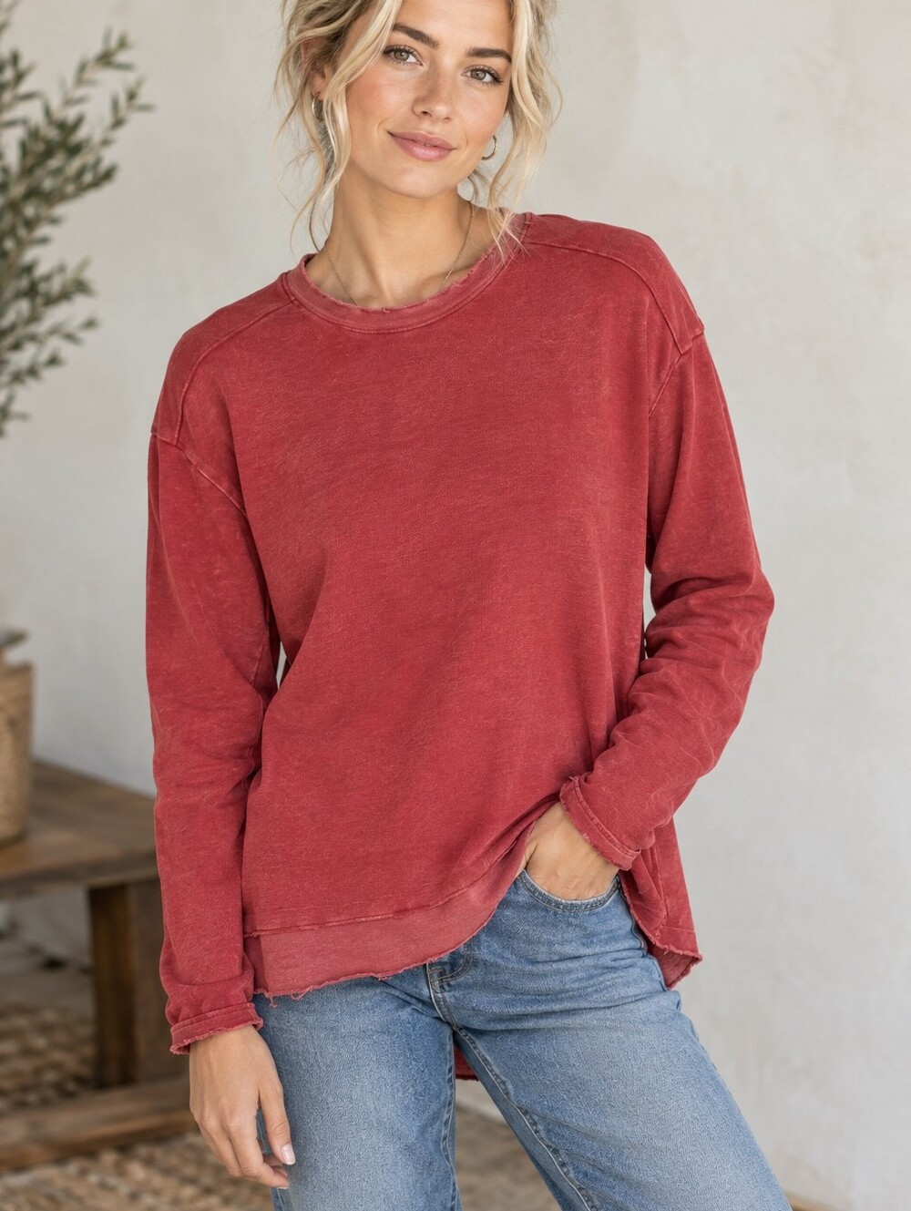 Nation LTD Red Crew Neck Burnout Long Sleeve Sweatshirt Size Small